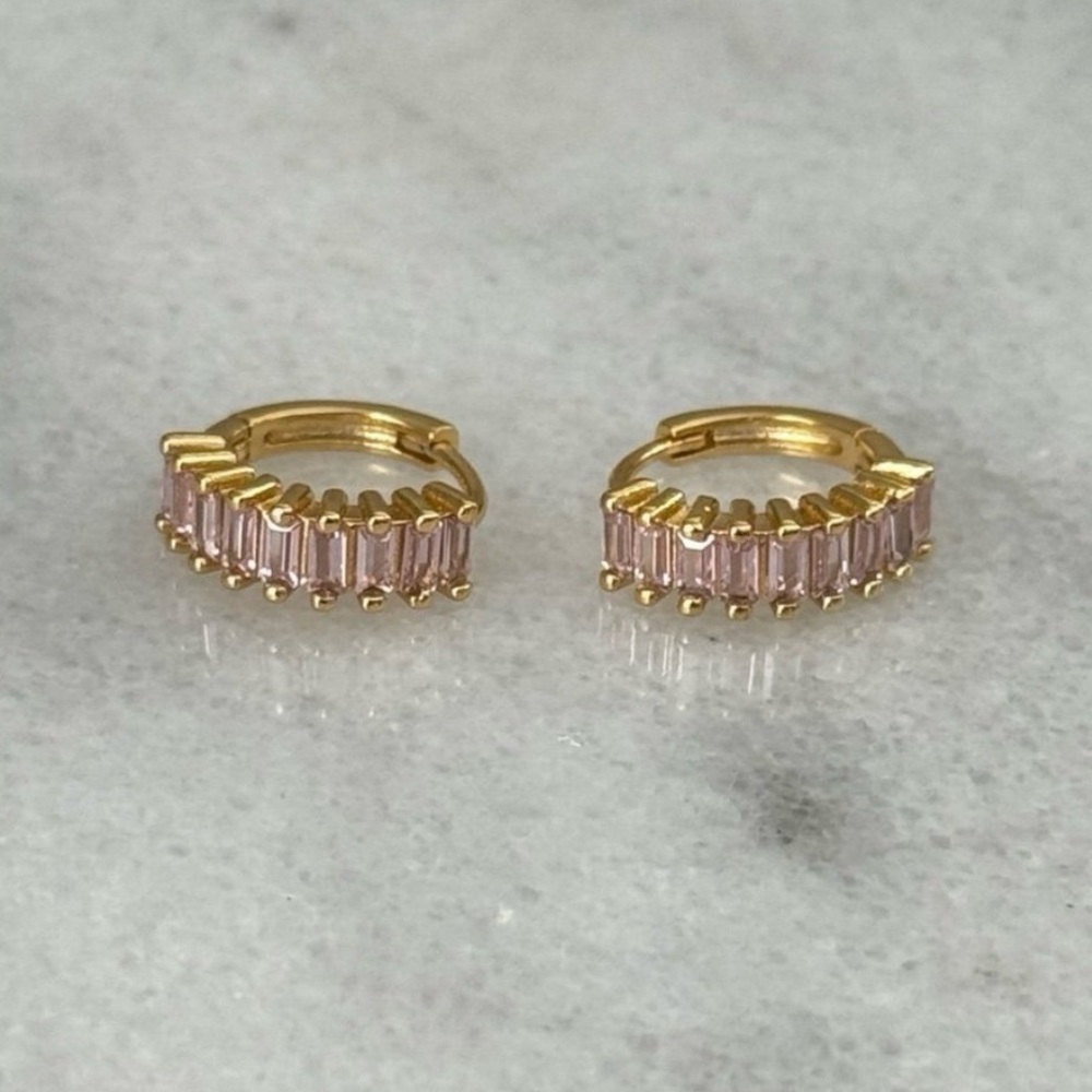 Gold Light Pink Thick Huggie Hoop Princess Crystal Pave 

Brand New